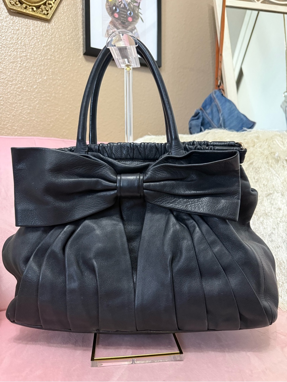 💯Authentic RED VALENTINO Black BOW Leather 3-Way Bag Satchel Soft Black Leather